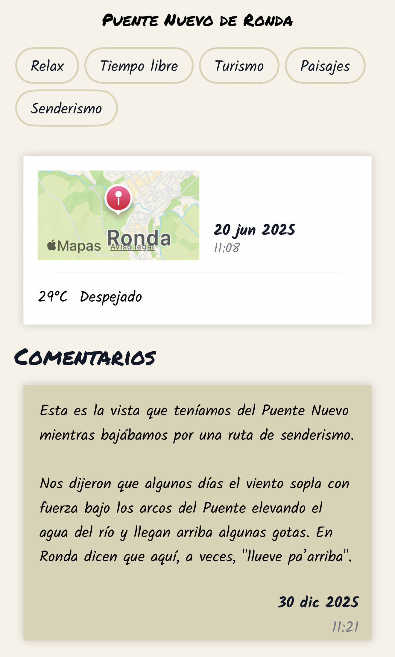 Comentario manuscrito asociado a un recuerdo en Memories