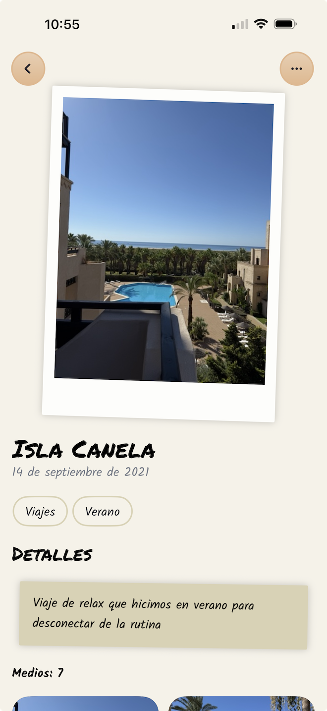 Detalle de recuerdo: Isla Canela con foto, etiquetas y descripción.