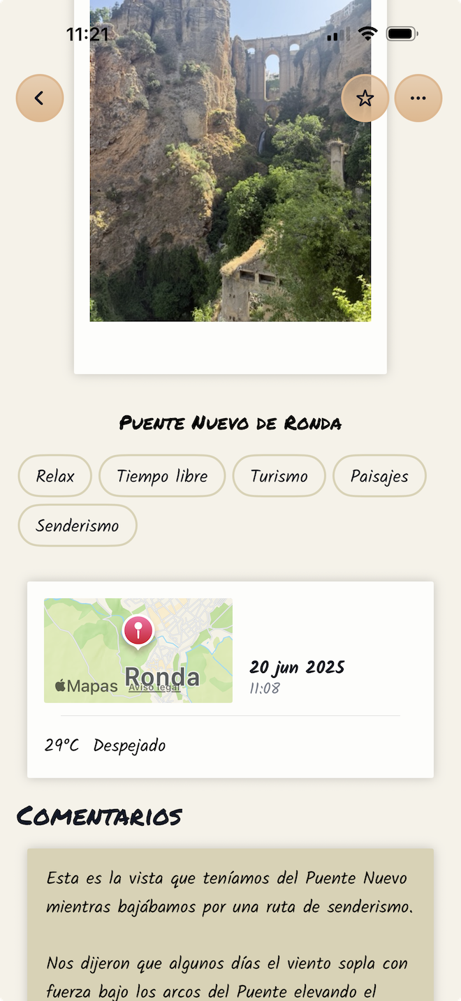 Detalle de foto con mapa, clima y comentarios en Memories
